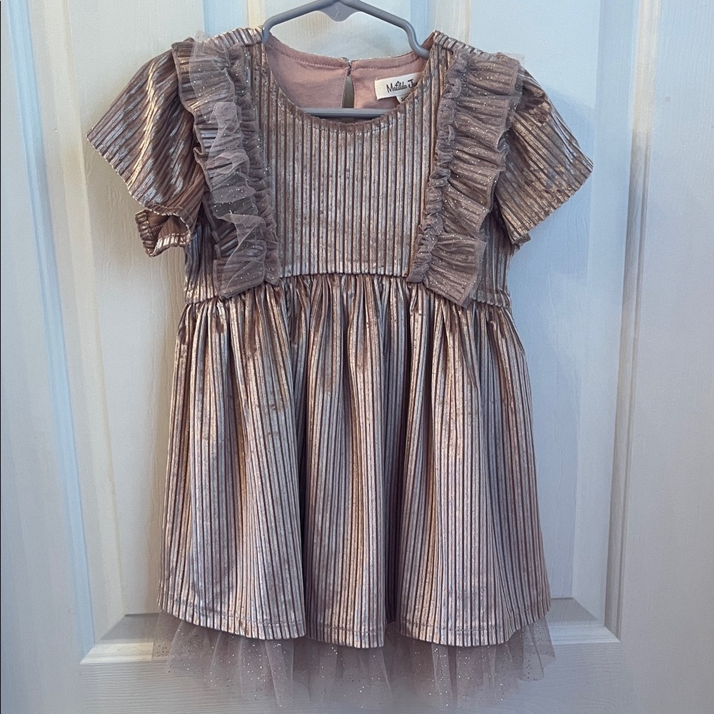 Matilda Jane Shimmering Velvet Taupe Dress with Metallic Ruffle Trim ~ Size 2